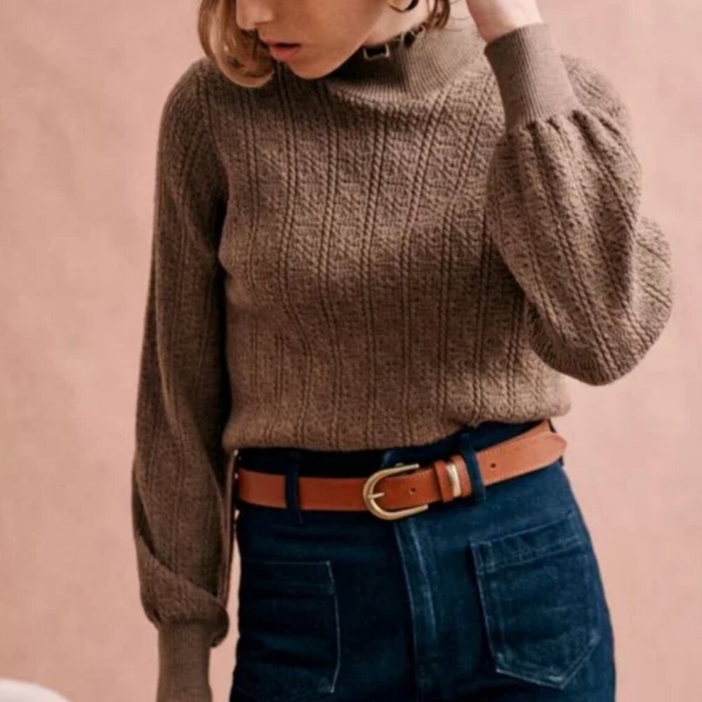 Sézane Rosalia 100% Merino Wool Knit Turtleneck Sweater in Brown Mocha Size XS